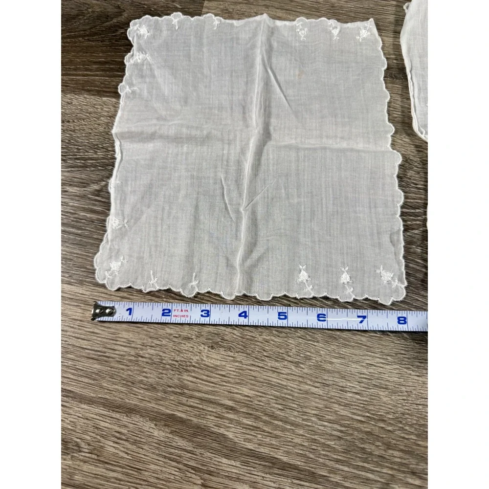 Vintage White Handkerchief Set 2 Embroidered Floral Scalloped Cotton Linen Mixed